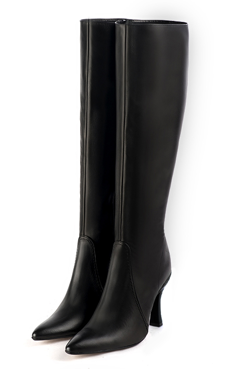 Satin black women's feminine knee-high boots. Tapered toe. Very high spool heels. Made to measure. Front view - Florence KOOIJMAN